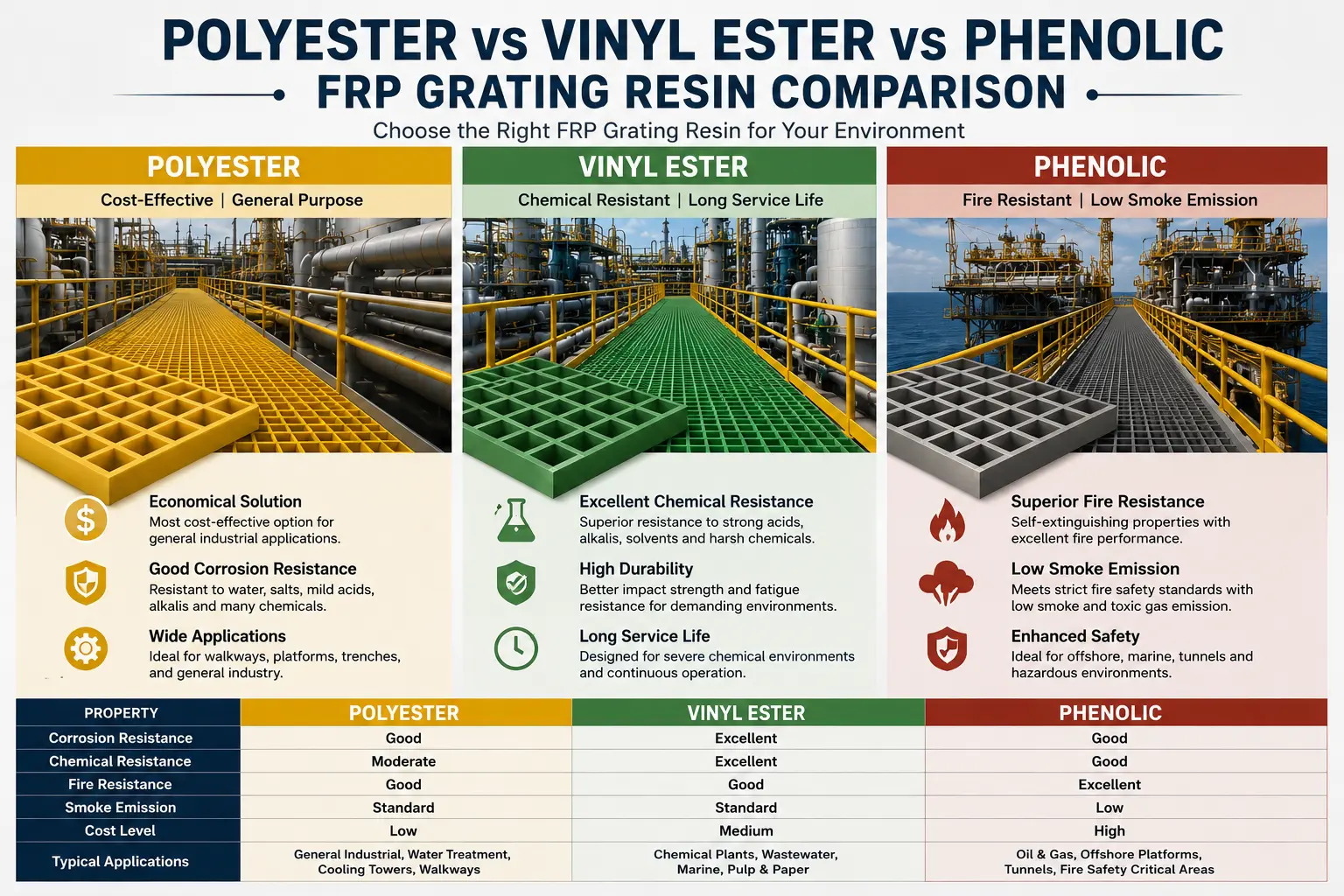 Cách chọn loại nhựa lưới FRP phù hợp: Polyester, Vinyl Ester và Phenolic